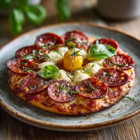 Une pizza avec des légumes et une omelette.