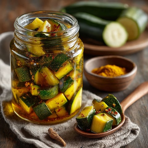 Un vase rempli de courgettes aigre-douces au curry.