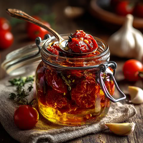 Un vase rempli de tomates cerises séchées confites à l'huile d'olive.