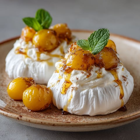 Une mini pavlova aux mirabelles sur un plateau.