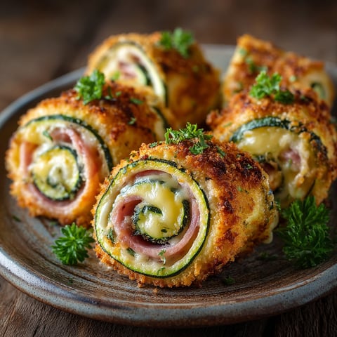Des courgettes roulées au jambon et fromage sur un plateau.
