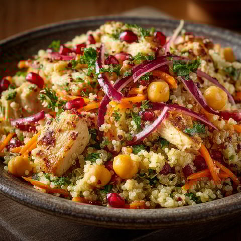 Salade de quinoa et pois chiches au poulet.