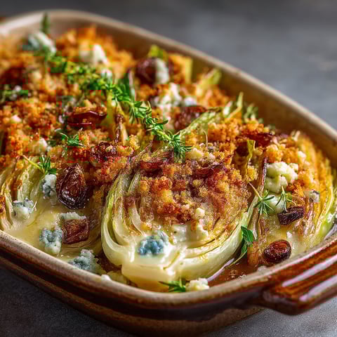 Une assiette de crumble d'endives au bleu.