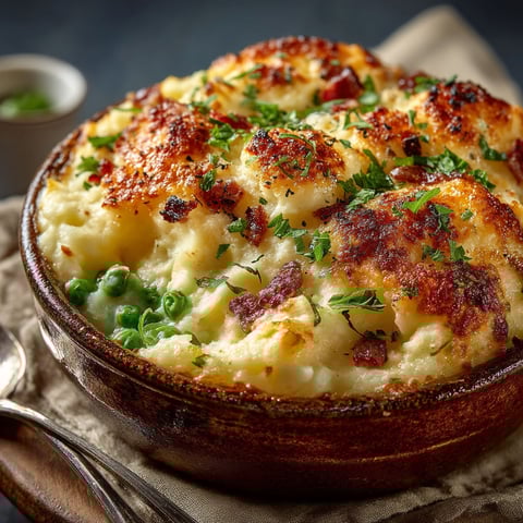 Une purée gratinée aux petits pois et bacon dans un bol.