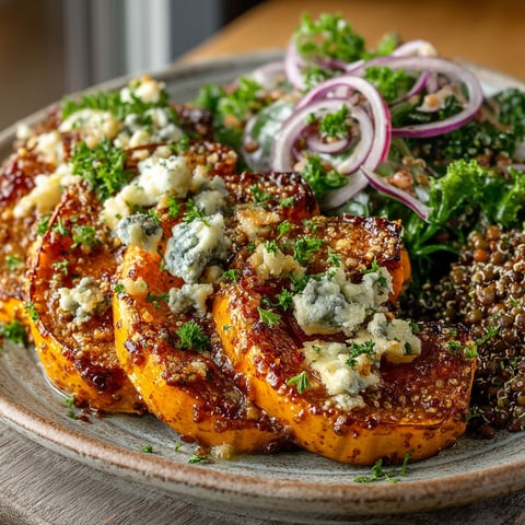 Une assiette de butternut rôtie au bleu et salade de lentilles et quinoa.