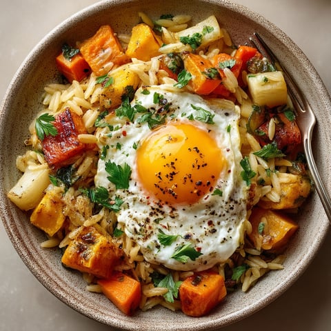 Une assiette de légumes rotis, orzo et oeuf.