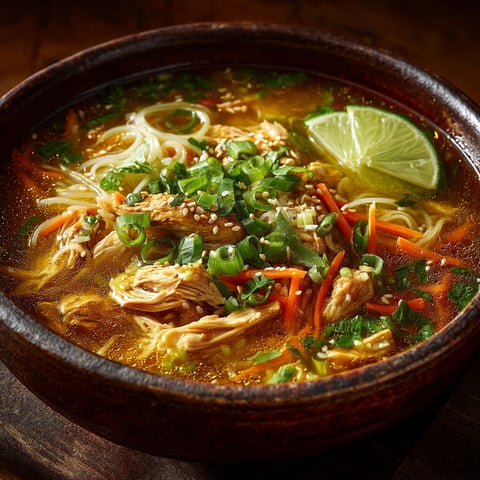 Soupe miso au poulet et vermicelles de riz.