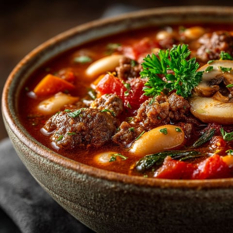 Ragoût de boeuf haché aux champignons et haricots blancs.