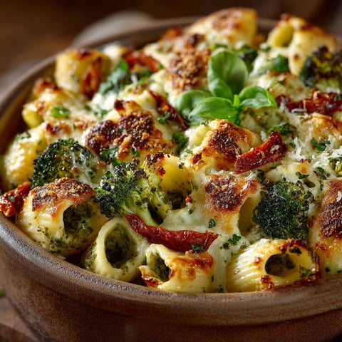 Gratin de pâtes aux légumes, pesto et brie.