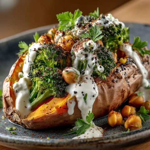 Une patate douce rôtie avec des brocolis et une sauce feta.