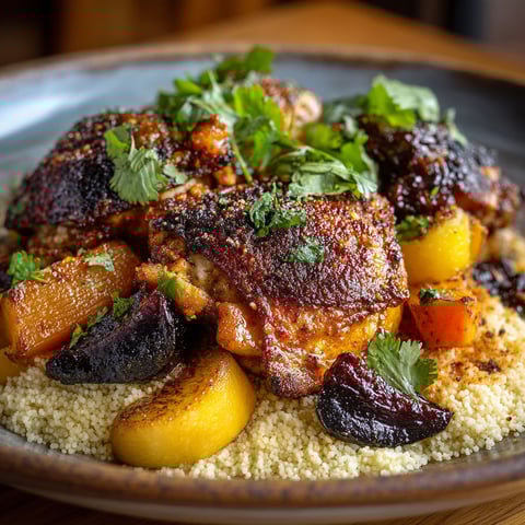 Une assiette de cuisses de poulet avec des légumes et des épices.