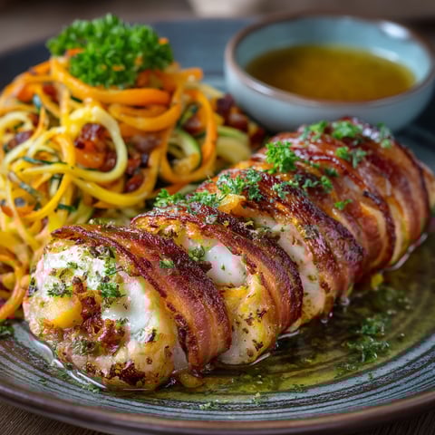 Un plat de rôti de lotte farci lardé, spaghettis de légumes de saison sautés et beurre d'agrumes.