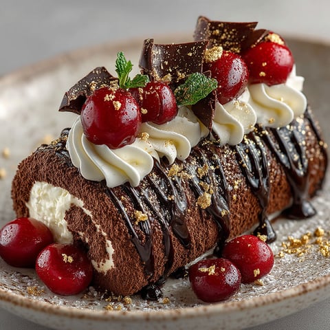 Une bûche inversée façon forêt noire avec des fruits rouges et des chocolats.