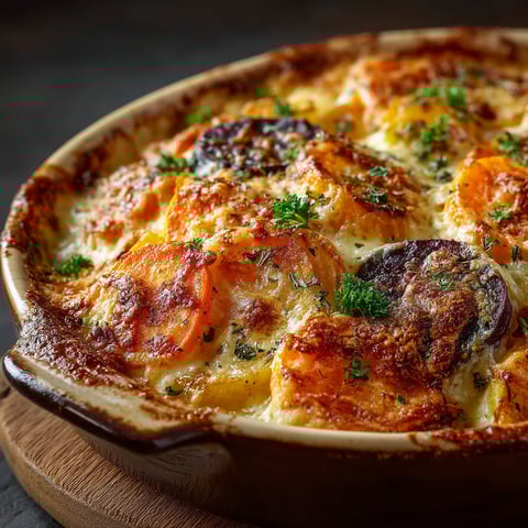 Gratin de légumes racine au fromage.