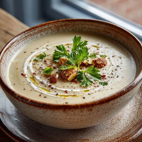 Une soupe de chou-fleur aux châtaignes est servie dans un bol.