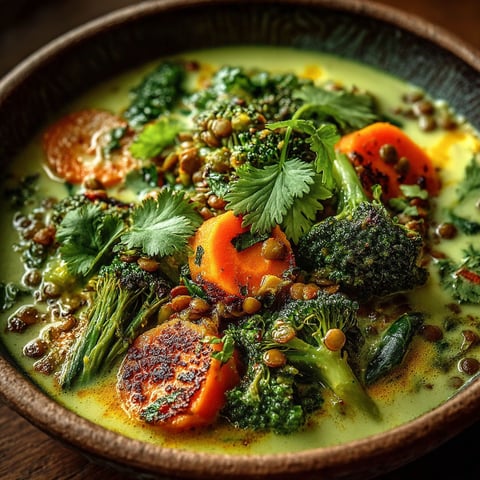 Un plat de curry de brocolis et lentilles.