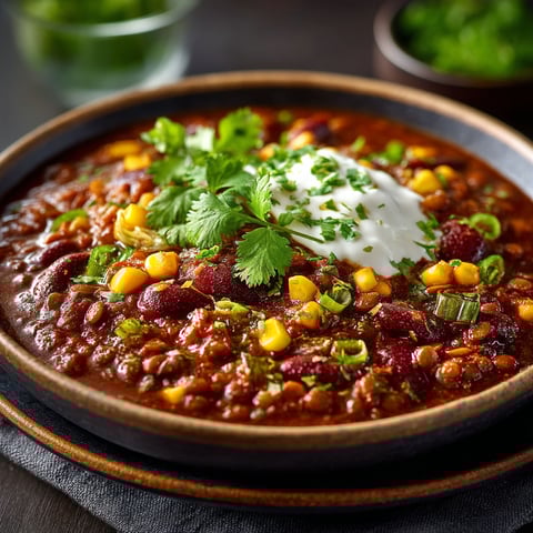 Chili végétarien aux lentilles et haricots à la mijoteuse.
