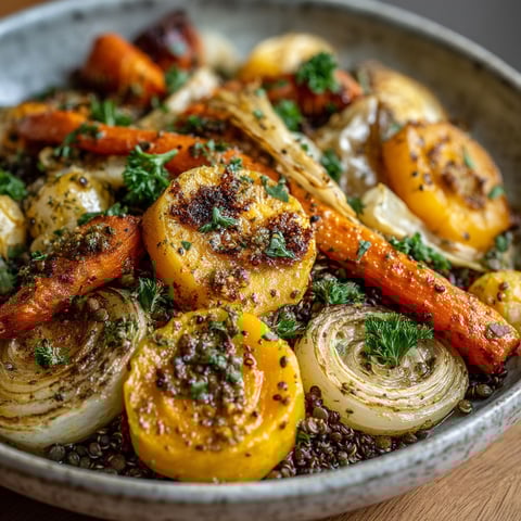 Une assiette de légumes d'automne rôtis, lentilles et quinoa.
