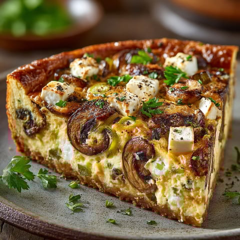 Une tranche de clafoutis aux champignons et poireaux.