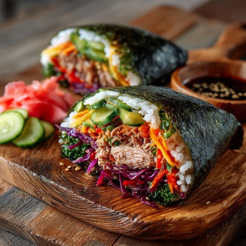 Onigirazu avec des légumes et du porc.