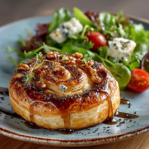 Une spirale feuilletée au gorgonzola, noix et miel.