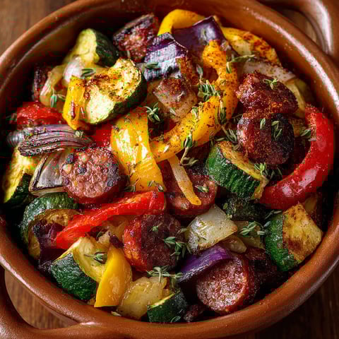 Une grande casserole de légumes et de chorizo.