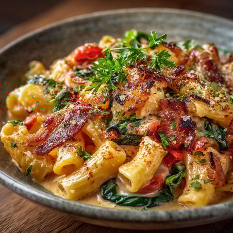 Pâtes au mascarpone, tomates et lardons.