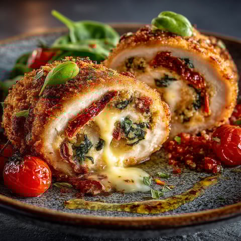 Chicken cordon bleu with cheese and tomatoes.