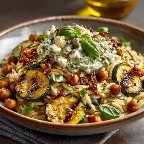 Orzo et courgettes au pesto et feta.