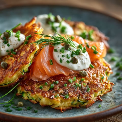 Röstis de courgettes, saumon fumé, sauce au yaourt & herbes.