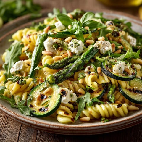 Salade de pâtes aux courgettes et asperges vertes, sauce citron.