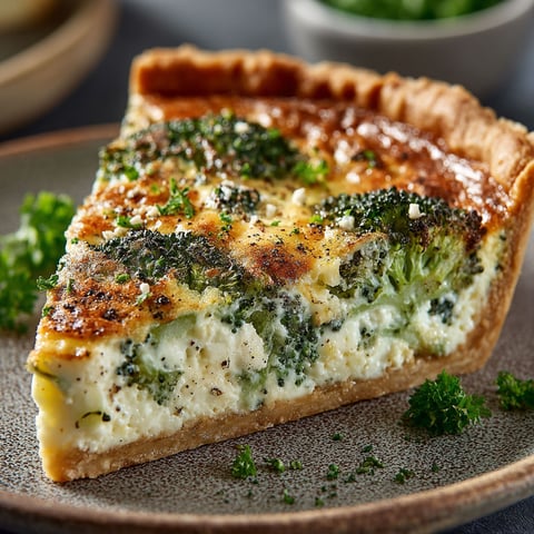 Une quiche aux brocolis et ricotta sur un plateau.