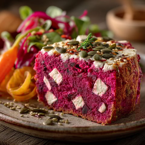 Une tranche de gâteau au chèvre et aux graines.