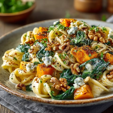 Pâtes au potimarron, épinards et noix.