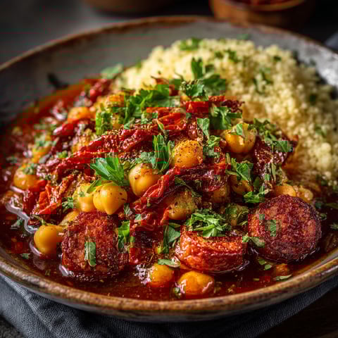Pois chiche mijotés au chorizo et tomates séchées.
