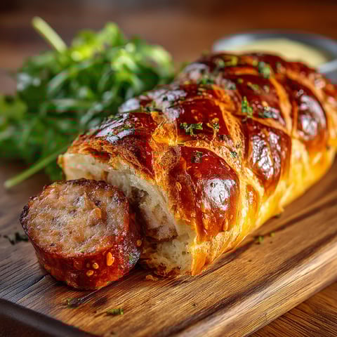 Une saucisse de Morteau briochée est servie sur une table.