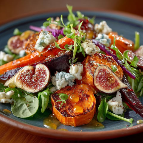 Une salade automnale composée de patates douces, de figues et de légumes verts.