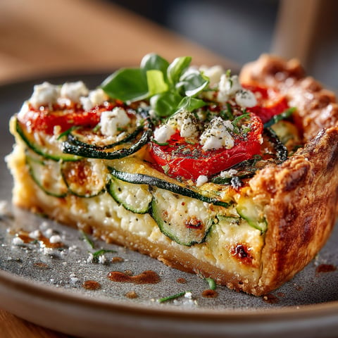 Une tarte aux courgettes, tomates et feta sur un plateau.