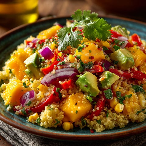 Une salade de quinoa avec des mangues et des épinards.