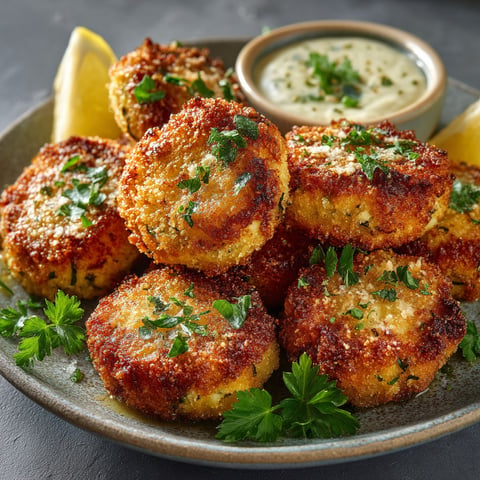 Une assiette de croquettes de courgettes au parmesan.