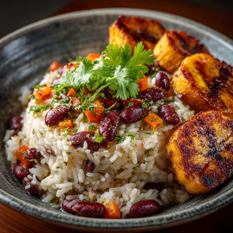 Riz aux haricots rouges et lait de coco, Banane plantain grillées.