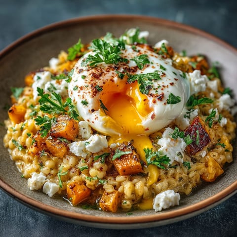 Risotto d'orge perlé, chèvre et oeuf mollet.