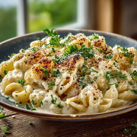 Une assiette de pâtes sauce alfredo au chou-fleur.