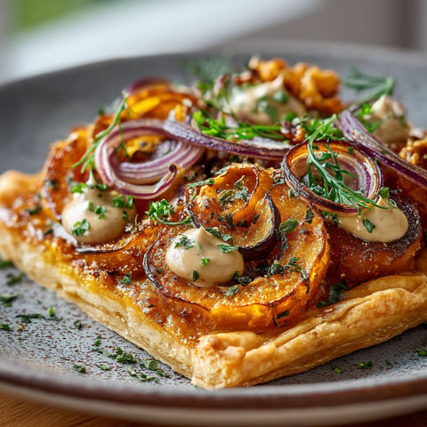 Une tarte fine au potimarron est servie sur un plateau.