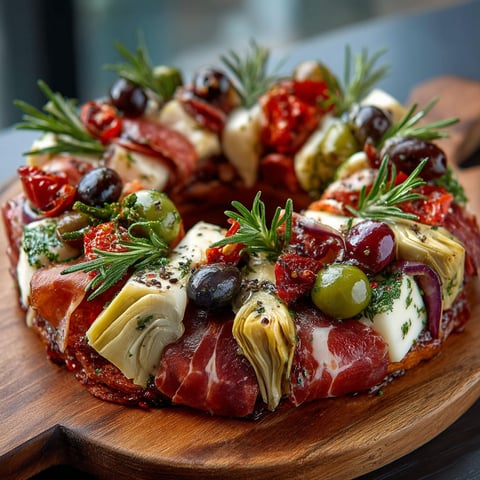 Une couronne d'antipasti composée de tomates, olives, câpres, salade de tomates, fromage et viande.