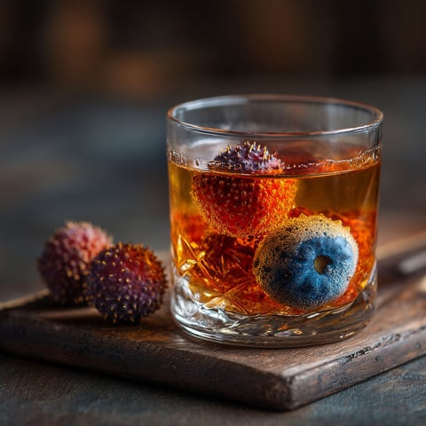 Un verre rempli de cocktail flambé avec des fruits.