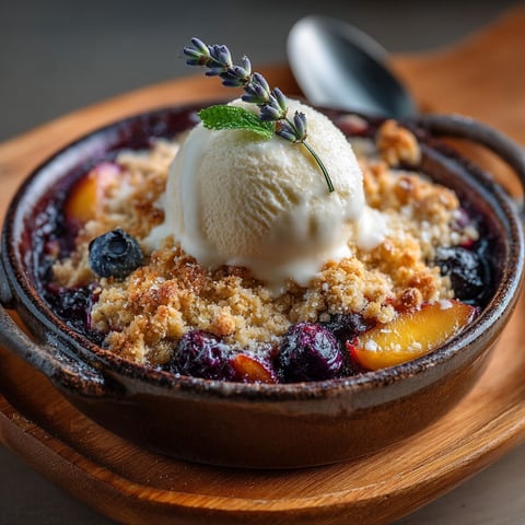 Une tasse de crumble aux nectarines de vigne et myrtilles.