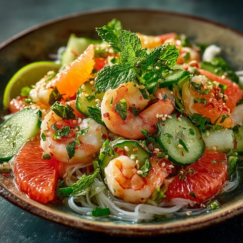 Une salade thaïe composée de crevettes, de pamplemousse et de cucumbers.