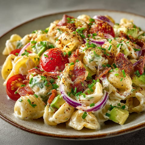 Salade de pâtes au bacon et à l'avocat.