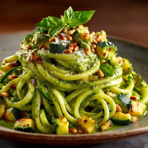 Une pile de pâtes au pesto de courgettes sur un plateau.